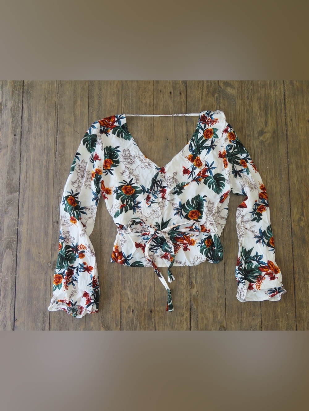 Tie-Waist Floral Wrap Top in White with Green & Rust